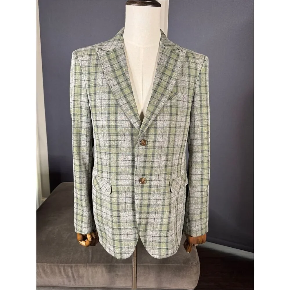 Mens Green Plaid Blazer Two-Button Sport Suit Jacket Coat Peak Lapel Size 40 NWT